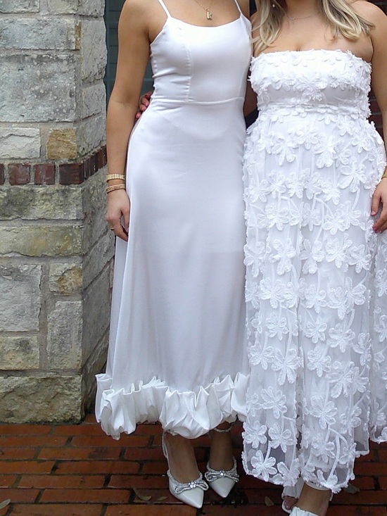 Elegant White Ruffle-Hem Satin Dress - Picture 2 of 6